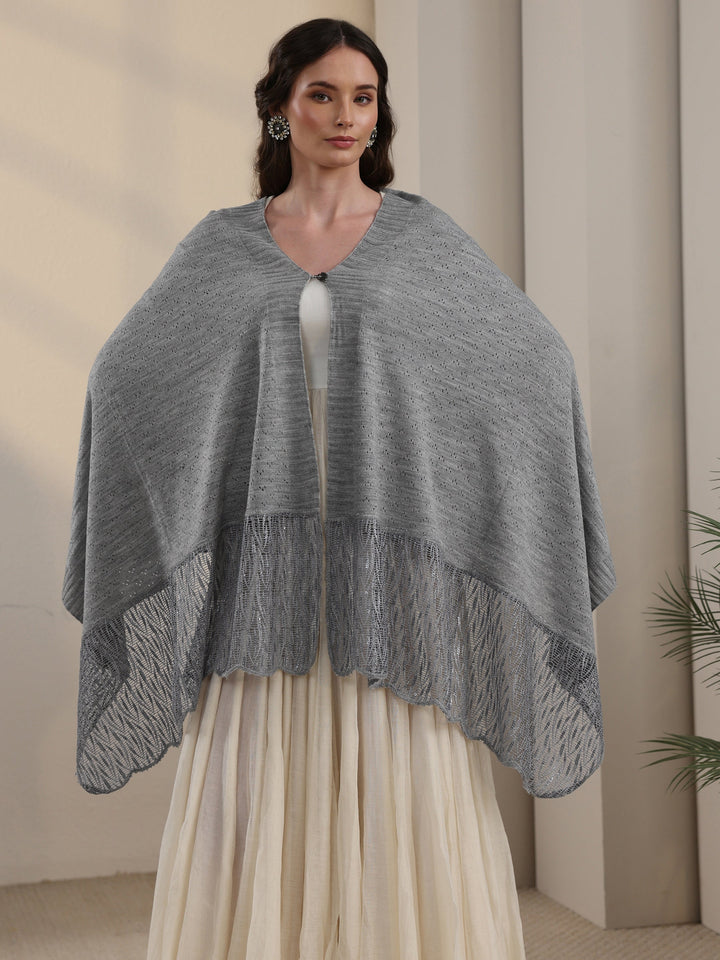 Libas Grey Acrylic Wrap Shawl with Lace Border
