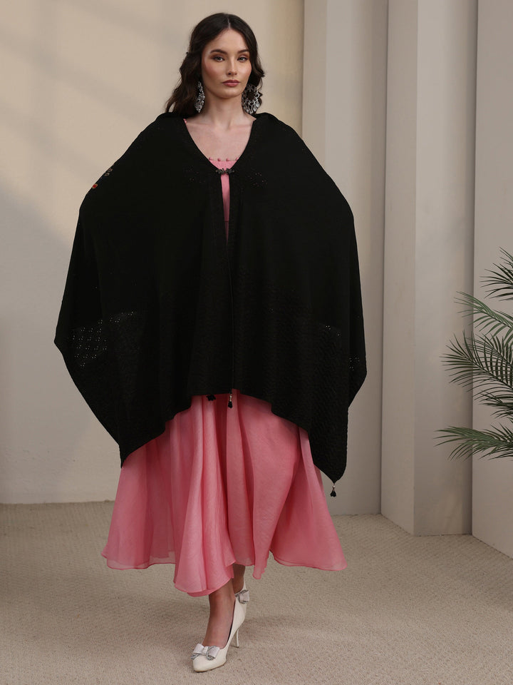 Libas Black Floral Mesh Knitted Acrylic Wrap Shawl
