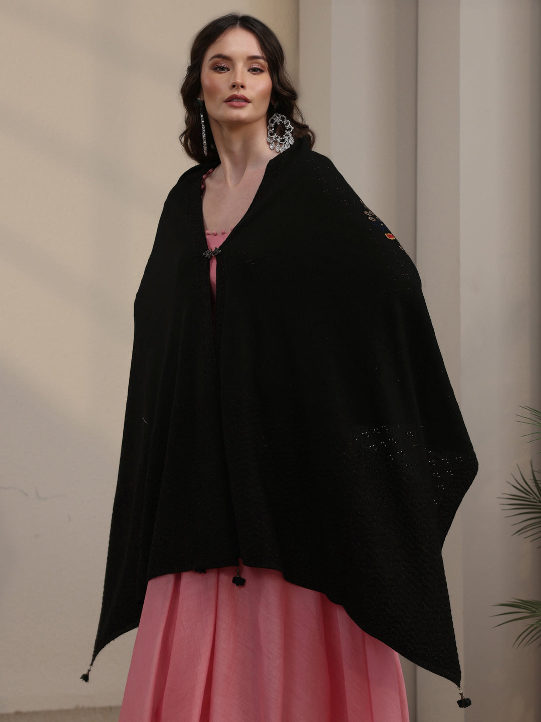 Libas Black Floral Mesh Knitted Acrylic Wrap Shawl