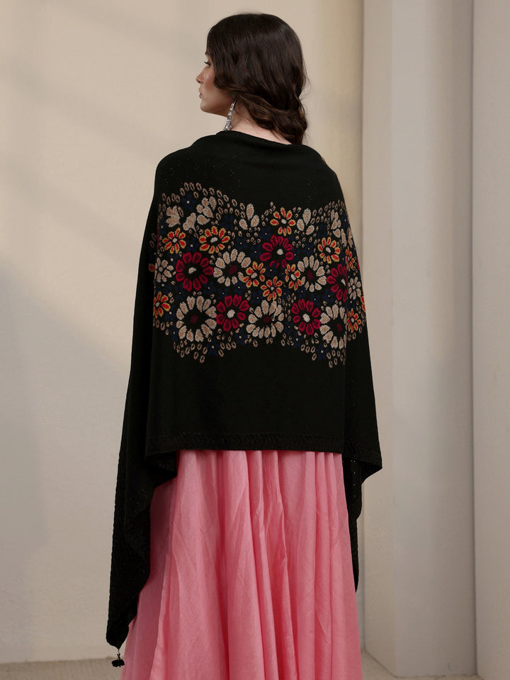 Libas Black Floral Mesh Knitted Acrylic Wrap Shawl