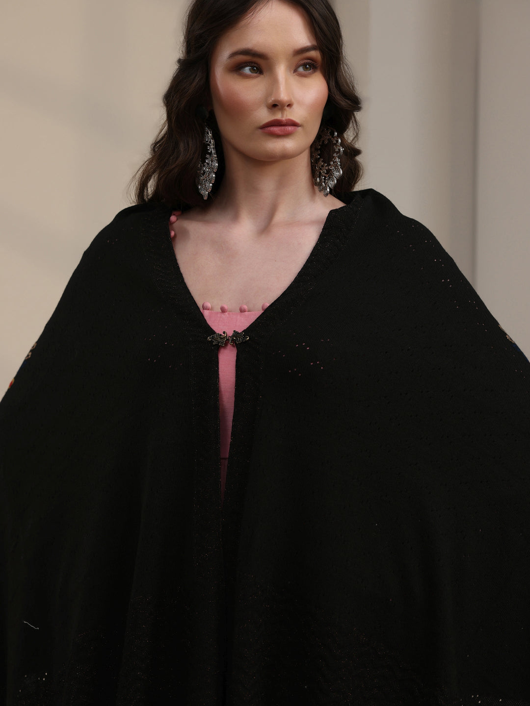 Libas Black Floral Mesh Knitted Acrylic Wrap Shawl