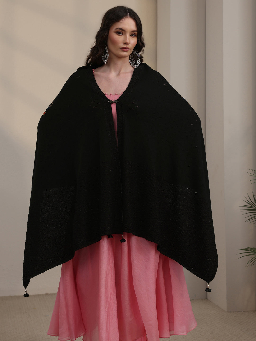 Libas Black Floral Mesh Knitted Acrylic Wrap Shawl