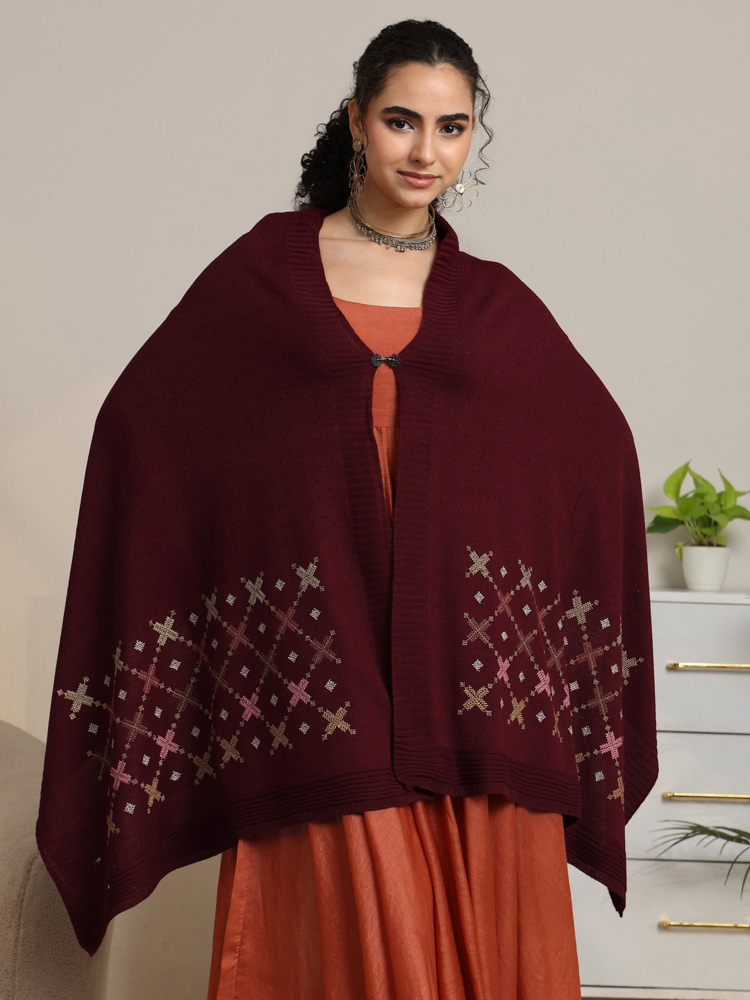 Libas Maroon Knitted Acrylic Wrap Shawl