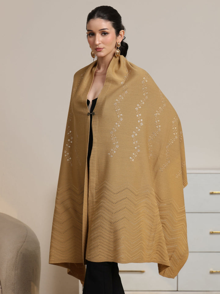 Libas Beige Foral Knitted Acrylic Wrap Shawl