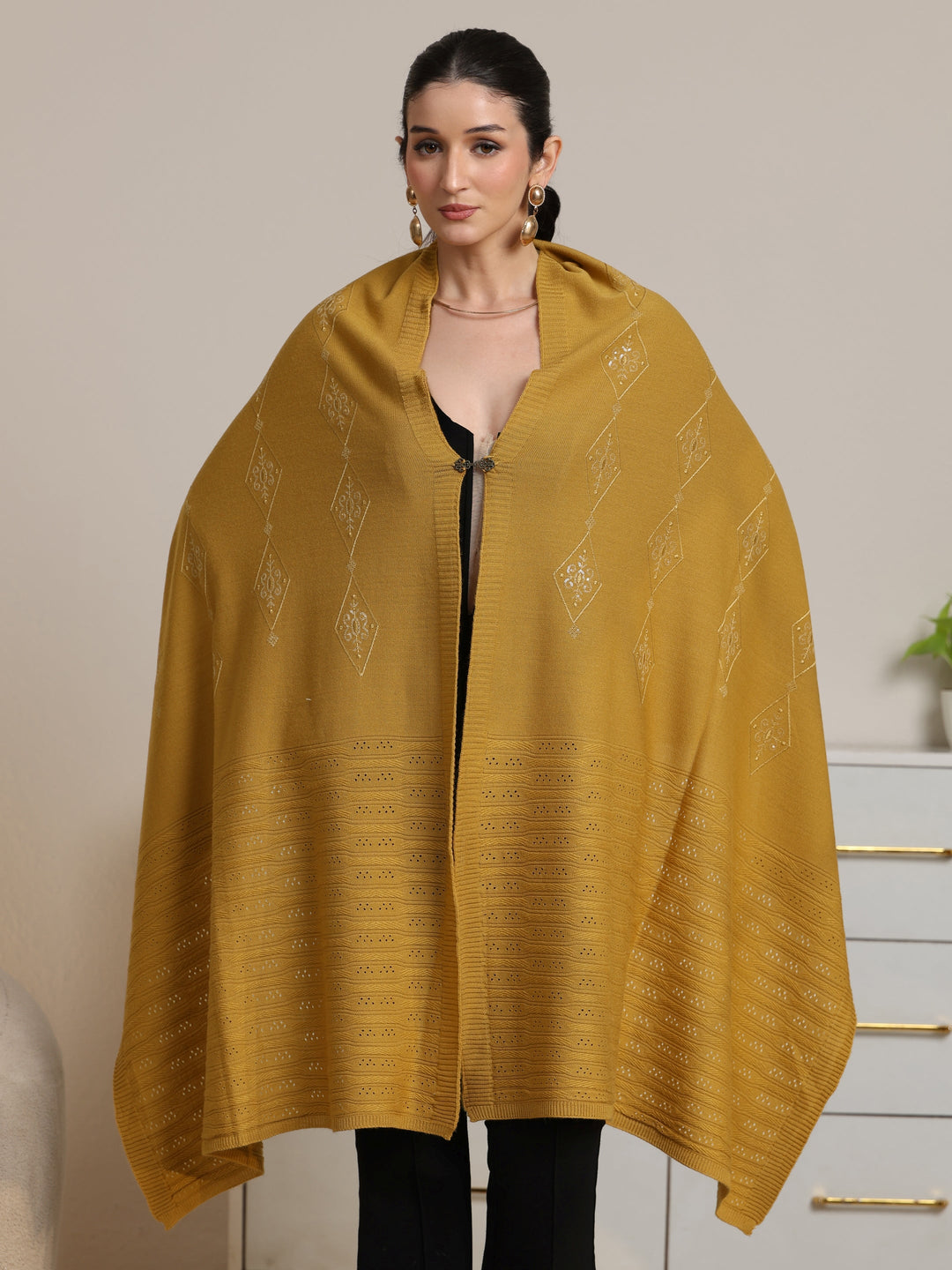 Libas Mustard Ethnic Knitted Acrylic Wrap Shawl