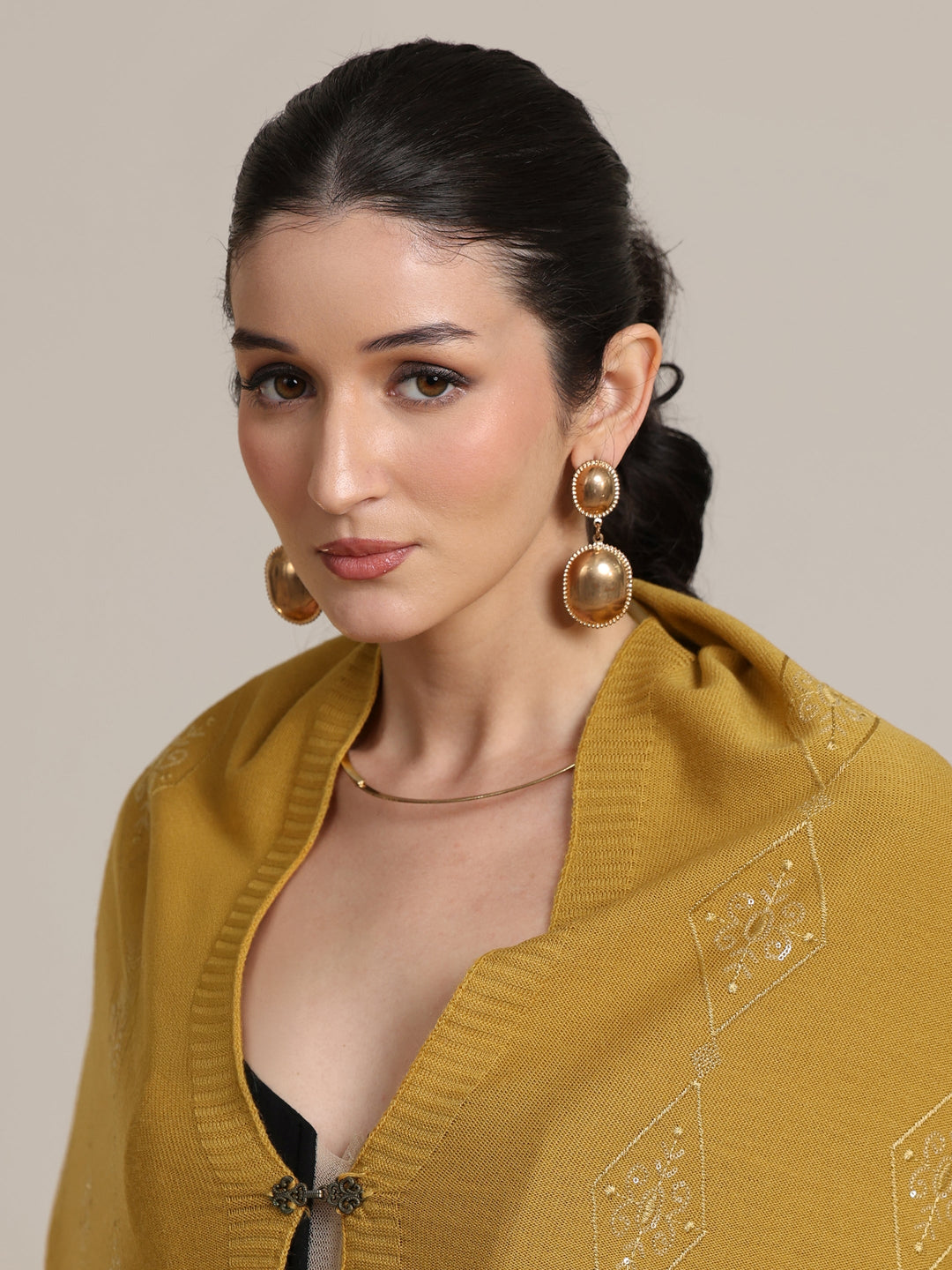 Libas Mustard Ethnic Knitted Acrylic Wrap Shawl