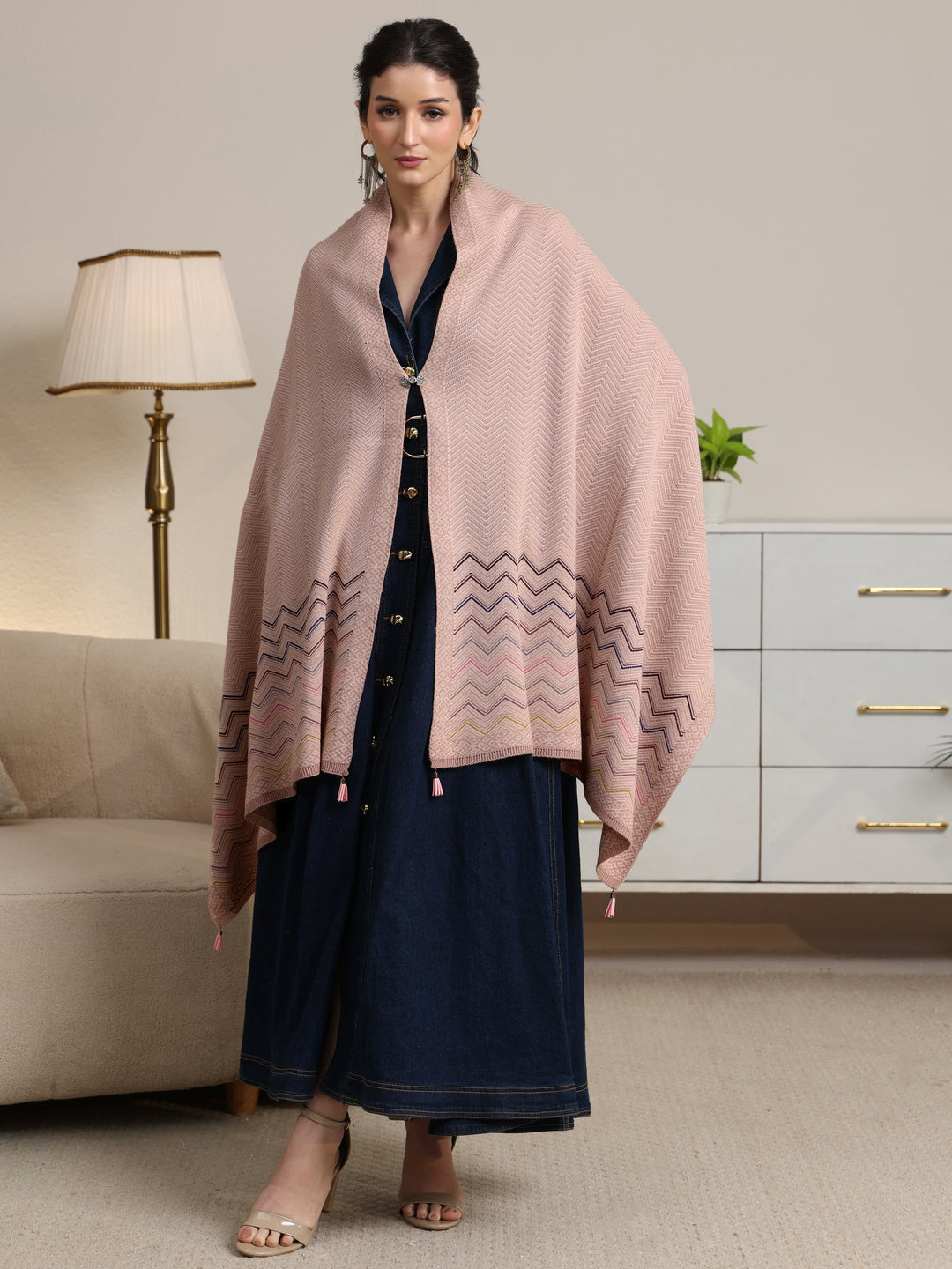 Libas Pink Chevron Knitted Acrylic Wrap Shawl