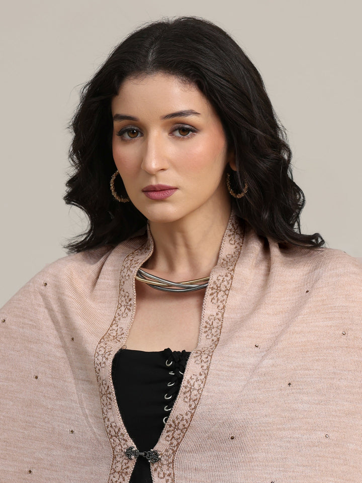 Libas Beige Floral Knitted Acrylic Wrap Shawl