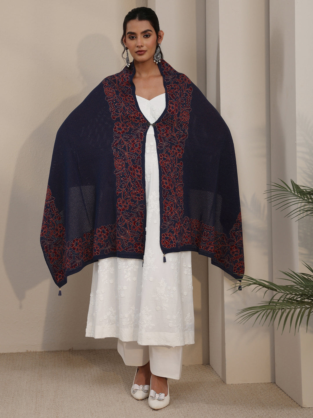 Libas Navy Blue Floral Mesh Knitted Acrylic Wrap Shawl