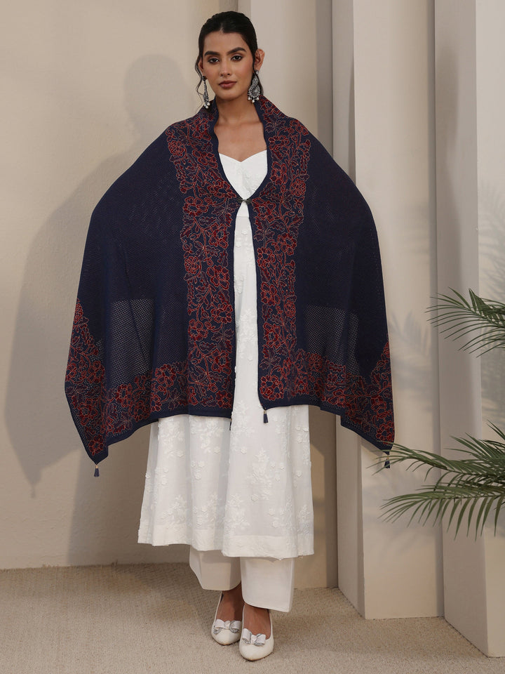 Libas Navy Blue Floral Mesh Knitted Acrylic Wrap Shawl