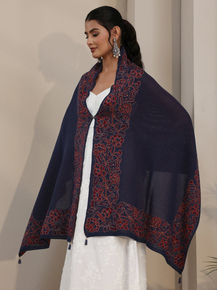 Libas Navy Blue Floral Mesh Knitted Acrylic Wrap Shawl