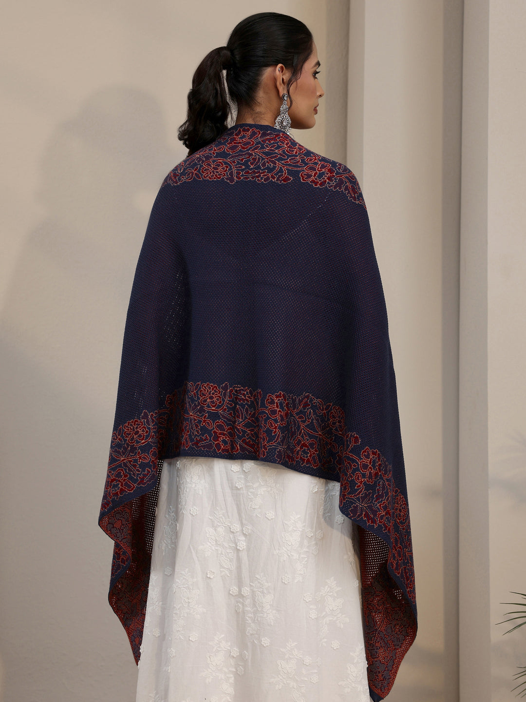 Libas Navy Blue Floral Mesh Knitted Acrylic Wrap Shawl
