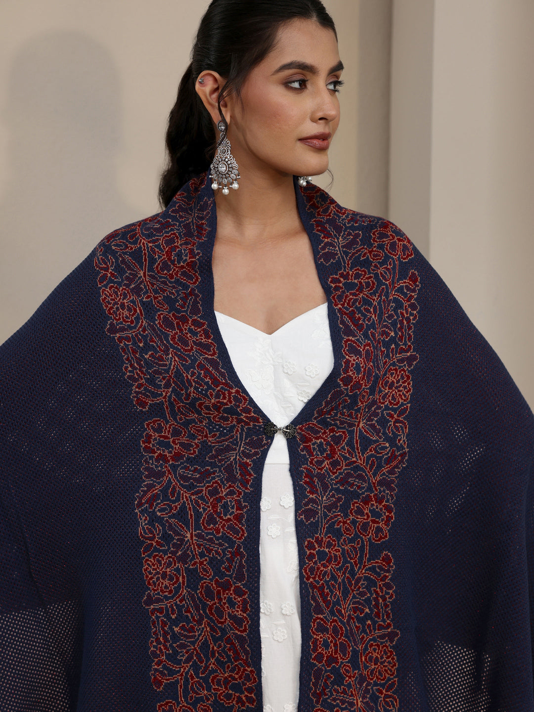 Libas Navy Blue Floral Mesh Knitted Acrylic Wrap Shawl