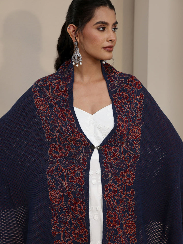 Libas Navy Blue Floral Mesh Knitted Acrylic Wrap Shawl