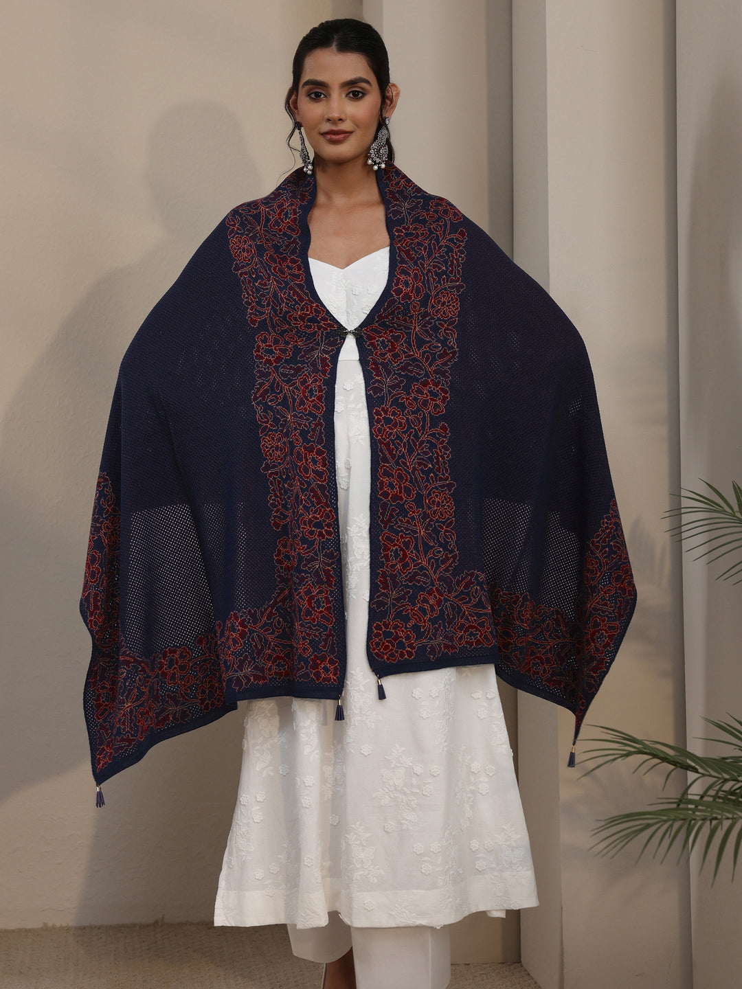 Libas Navy Blue Floral Mesh Knitted Acrylic Wrap Shawl