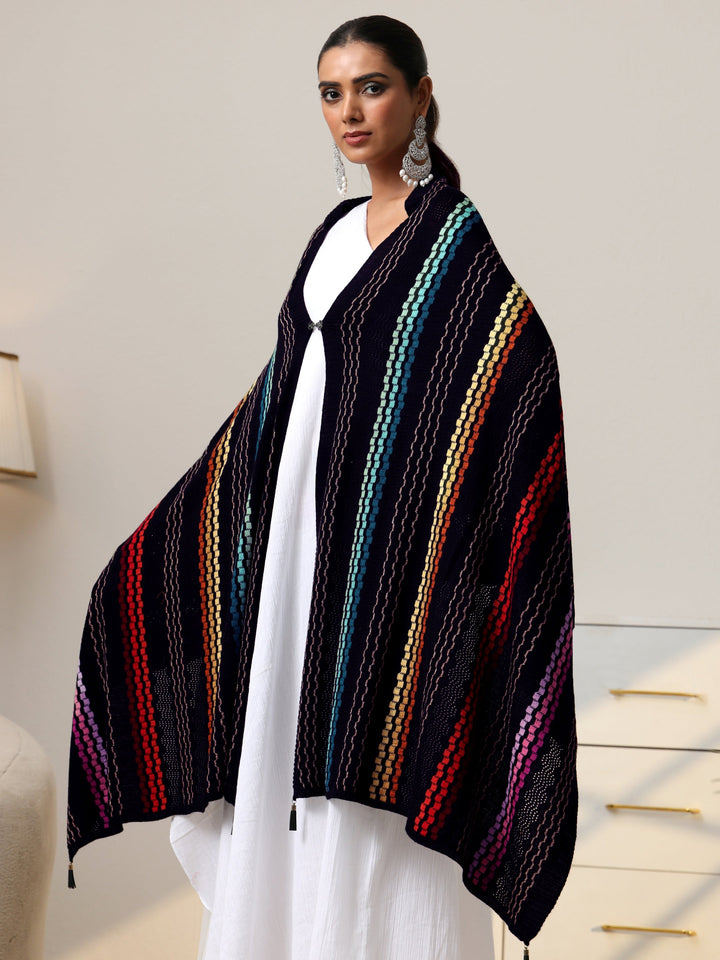 Libas Black Striped Knitted Acrylic Wrap Shawl