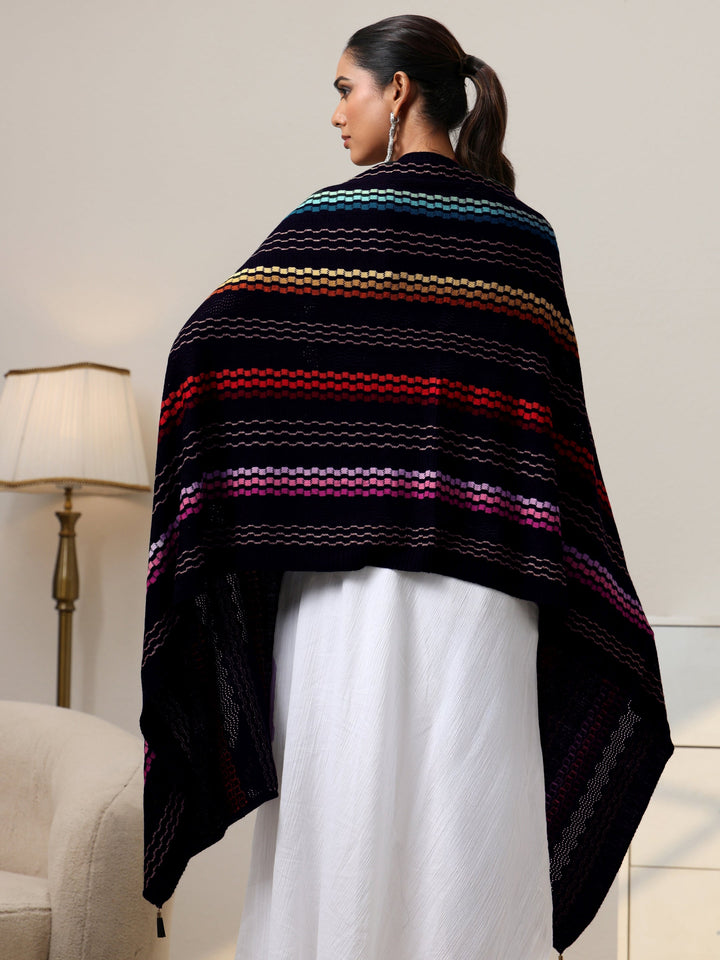 Libas Black Striped Knitted Acrylic Wrap Shawl