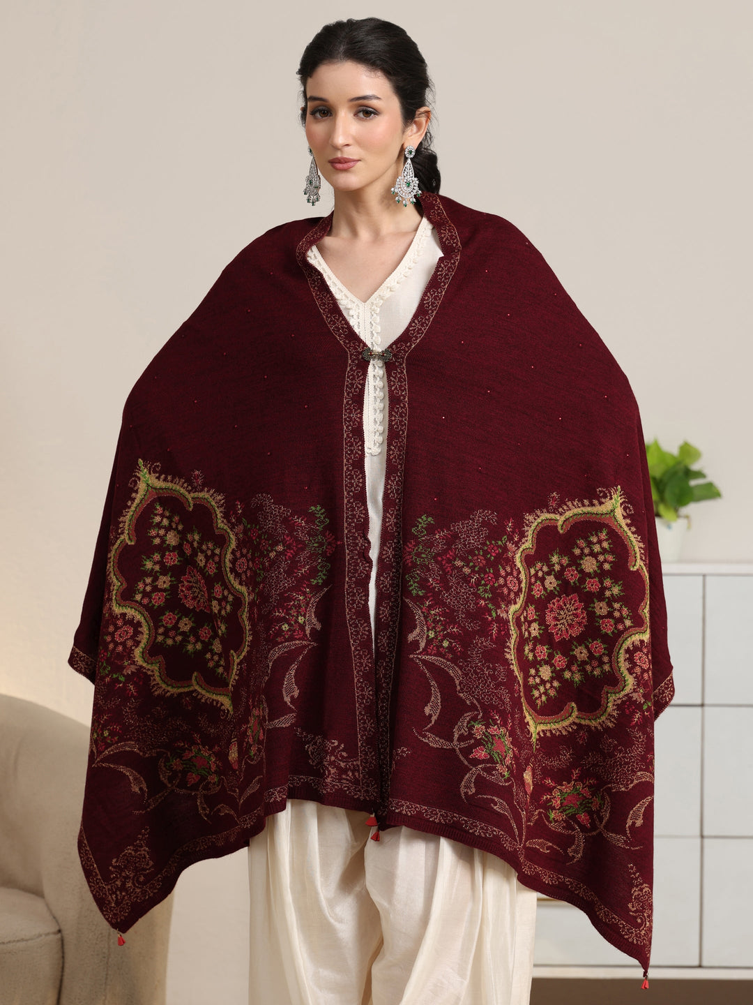 Libas Maroon Floral Knitted Acrylic Wrap Shawl