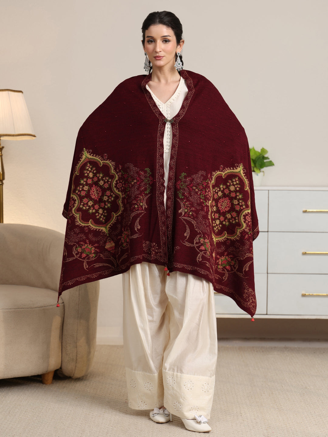 Libas Maroon Floral Knitted Acrylic Wrap Shawl