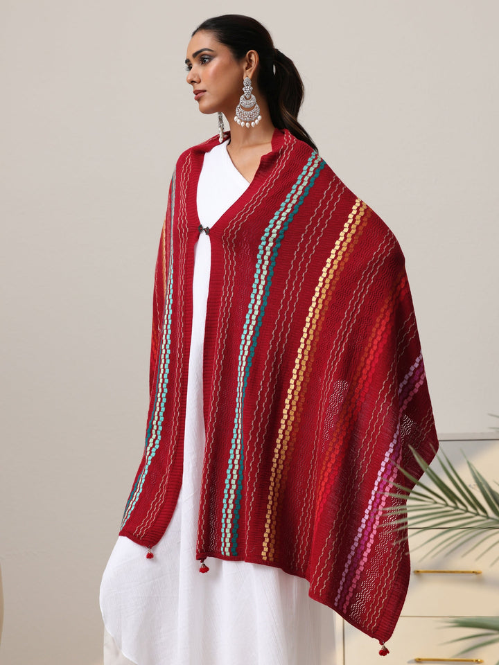 Libas Crimson Red Striped Knitted Acrylic Wrap Shawl