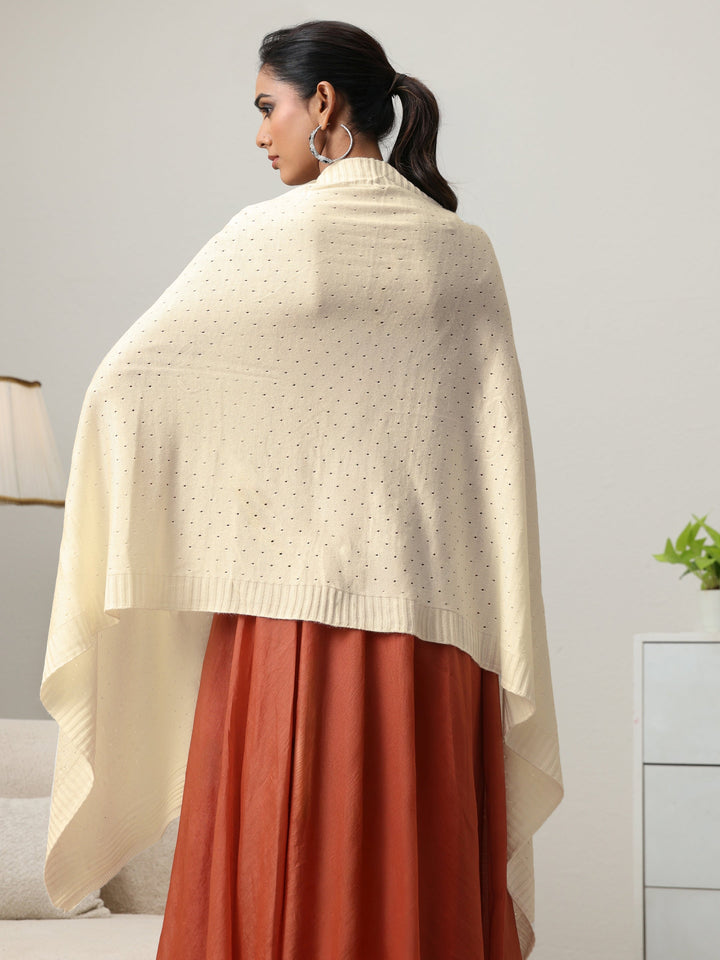 Libas Off White Floral Knitted Acrylic Wrap Shawl