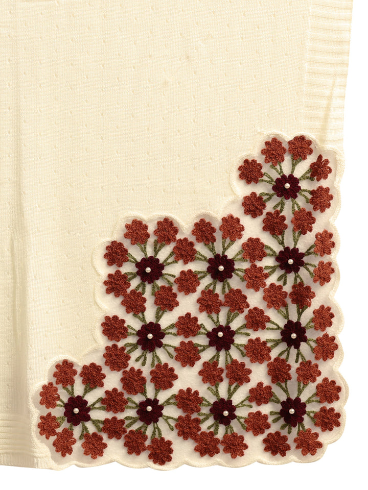 Libas Off White Floral Knitted Acrylic Wrap Shawl