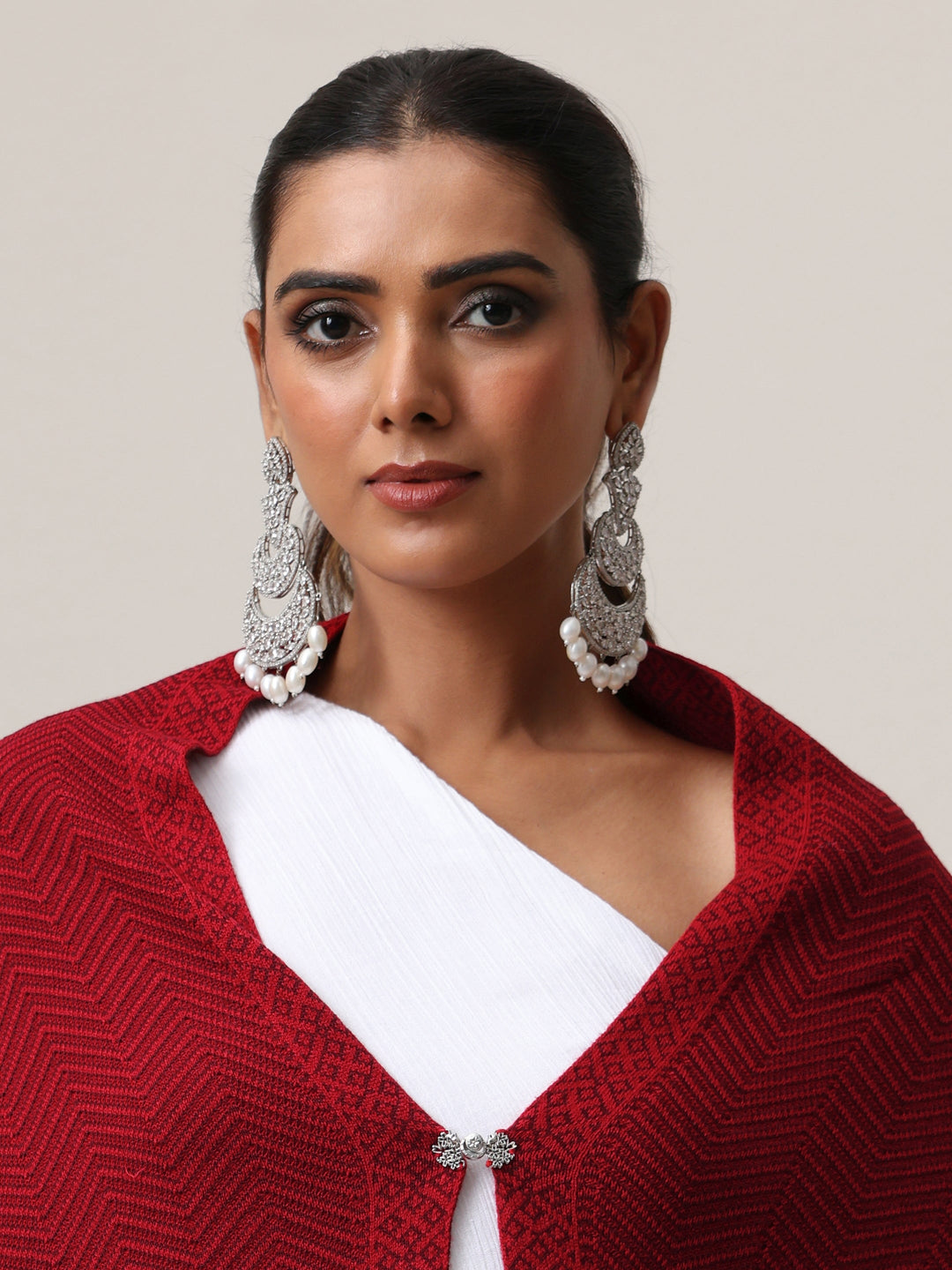 Libas Maroon Chevron Knitted Acrylic Wrap Shawl