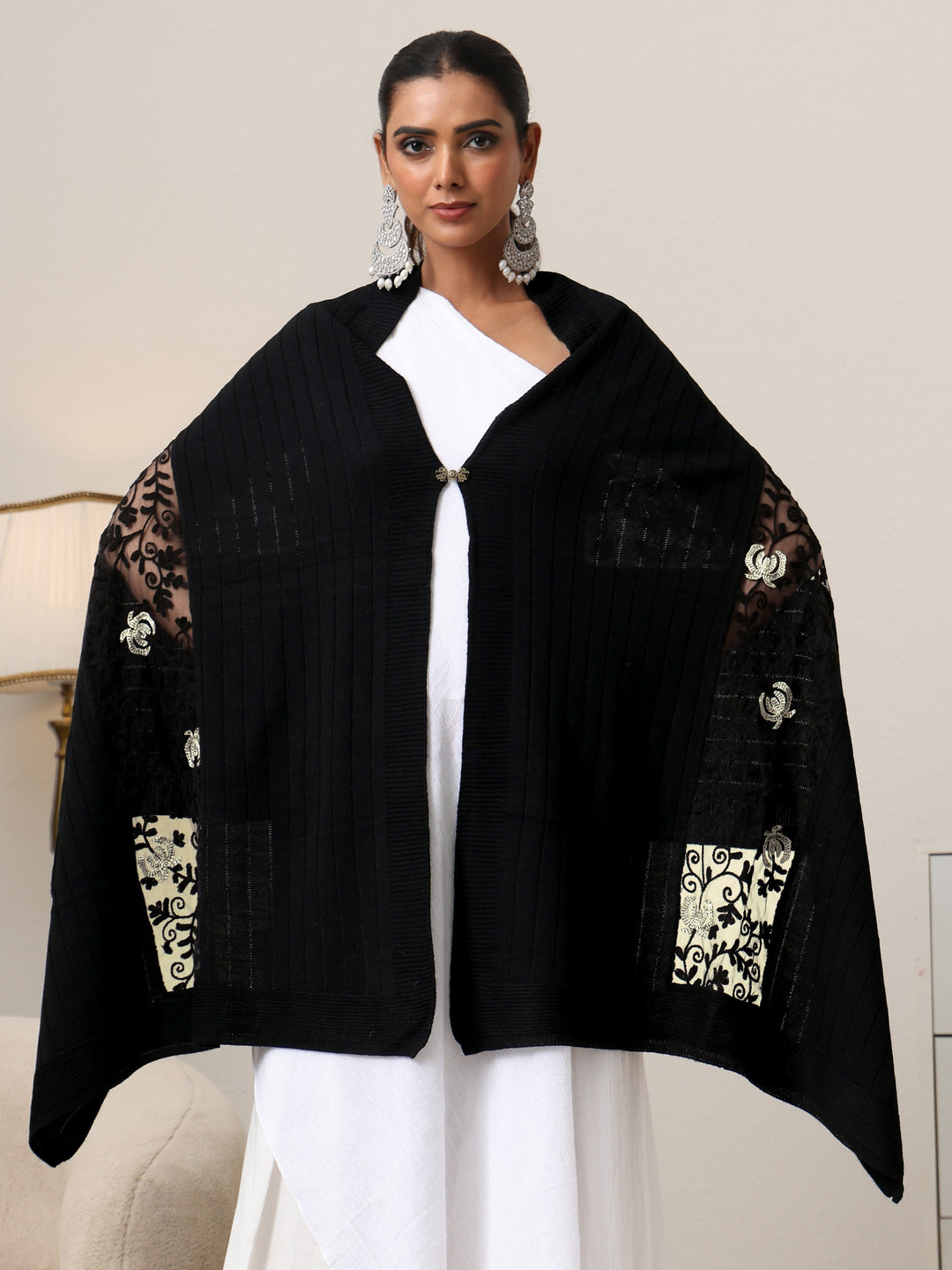 Libas Black Floral Knitted Lace Acrylic Wrap Shawl