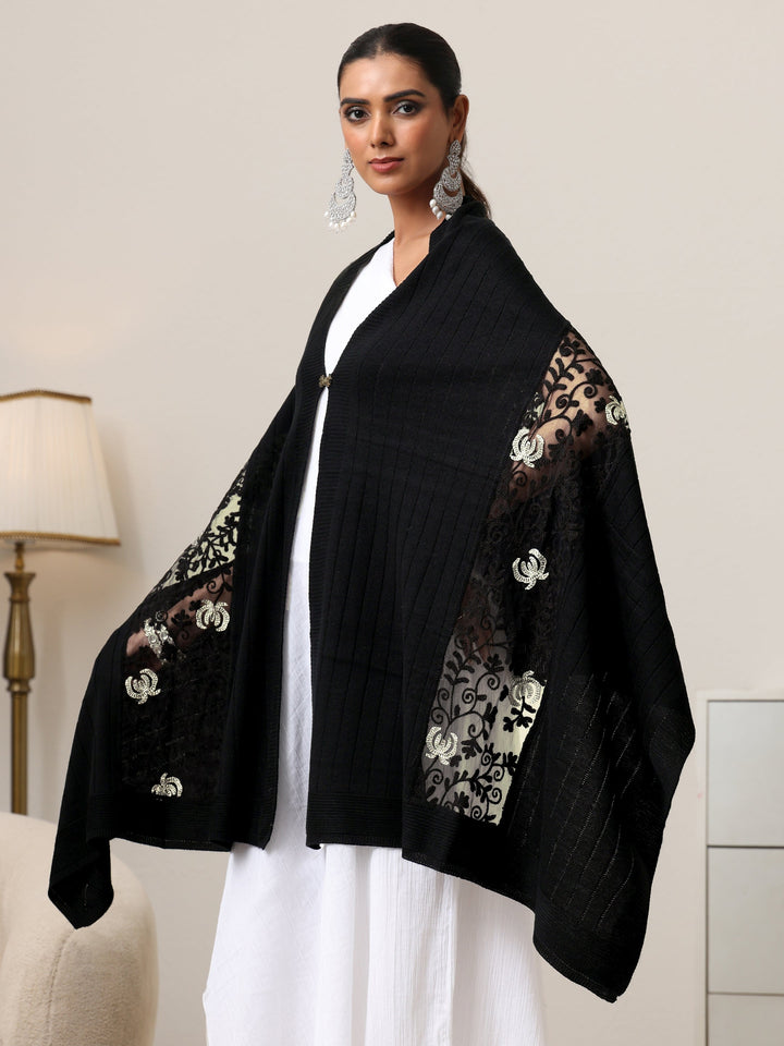 Libas Black Floral Knitted Lace Acrylic Wrap Shawl
