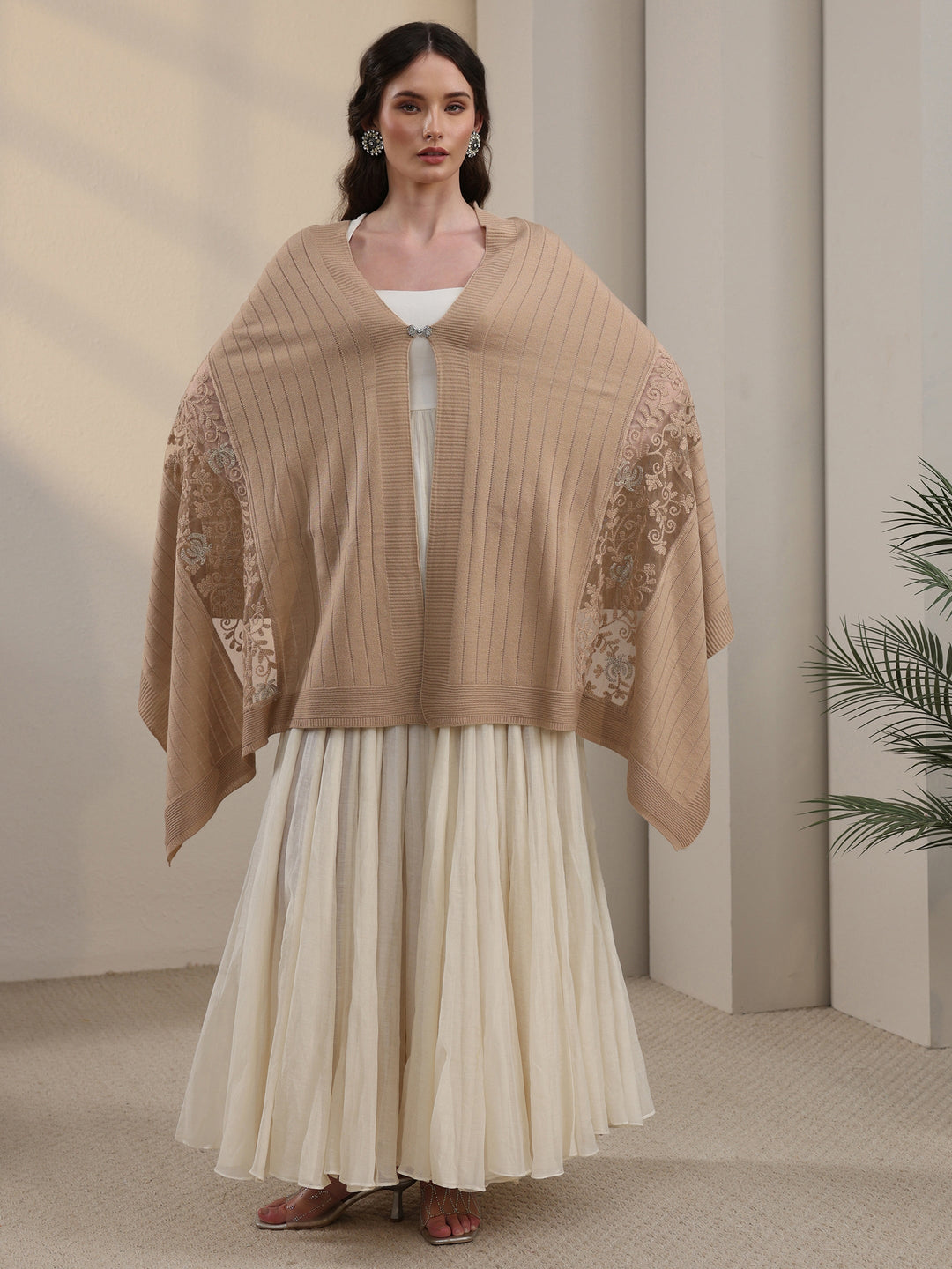 Libas Beige Floral Lace Embroidered Acrylic Wrap Shawl