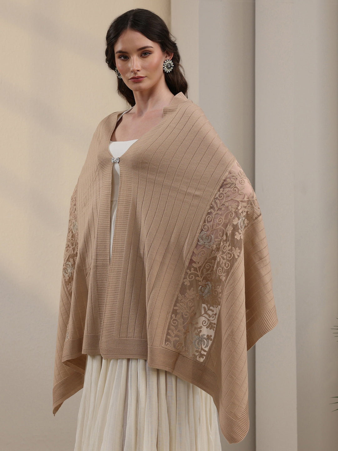 Libas Beige Floral Lace Embroidered Acrylic Wrap Shawl