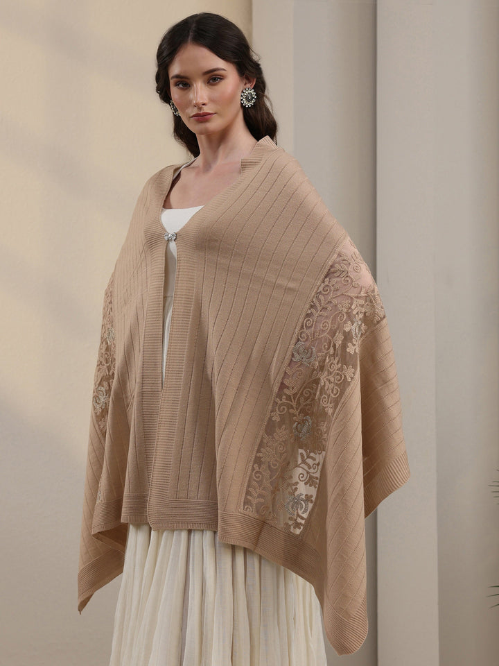Libas Beige Floral Lace Embroidered Acrylic Wrap Shawl
