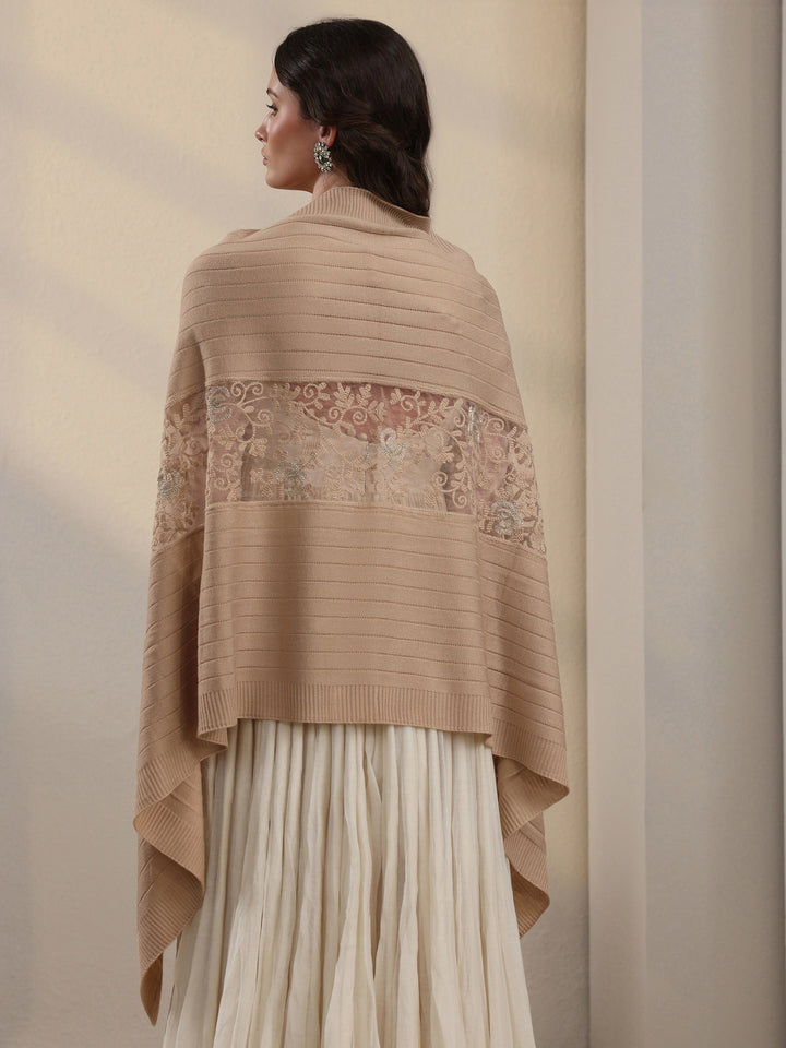 Libas Beige Floral Lace Embroidered Acrylic Wrap Shawl
