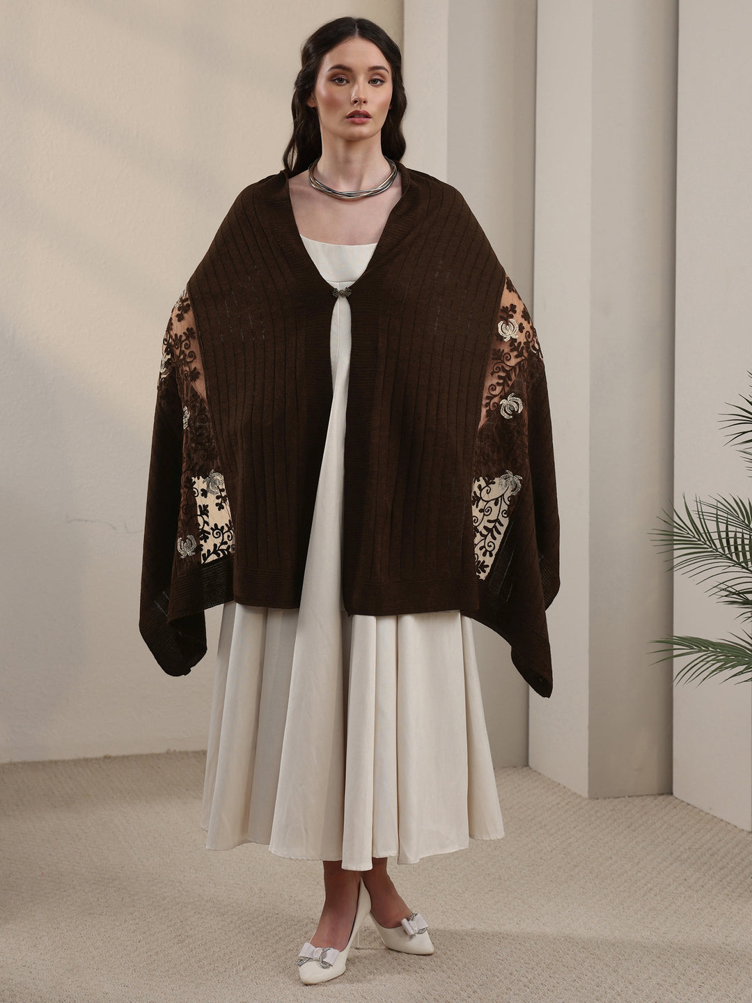 Libas Brown Floral Lace Embroidered Acrylic Wrap Shawl