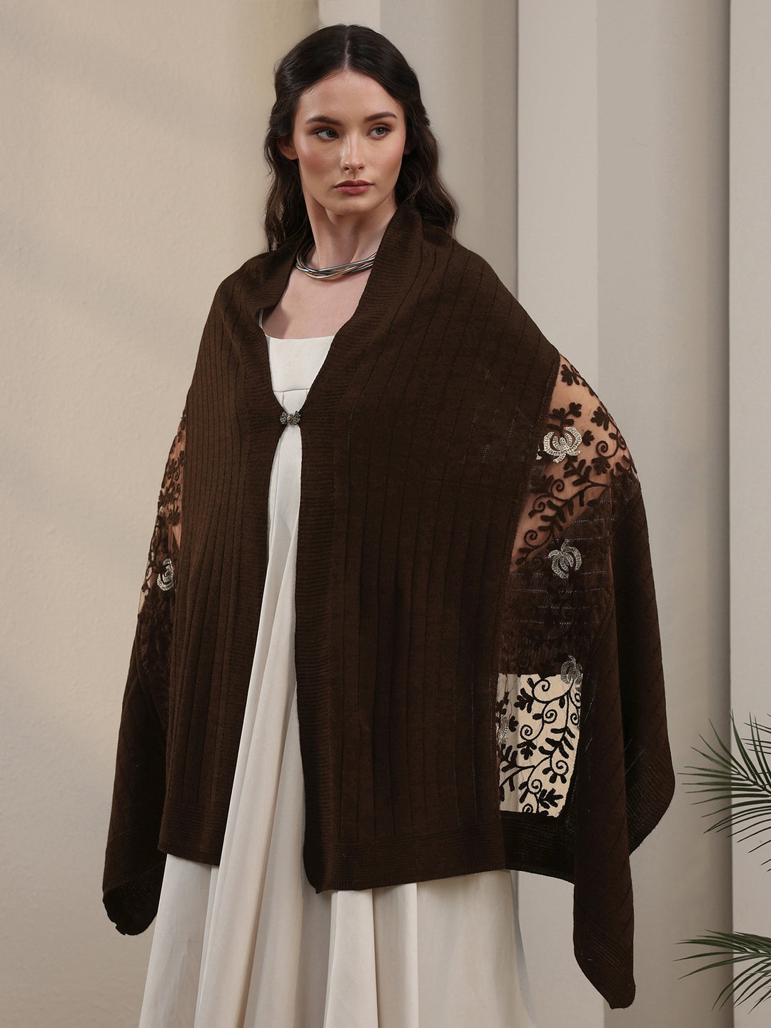 Libas Brown Floral Lace Embroidered Acrylic Wrap Shawl