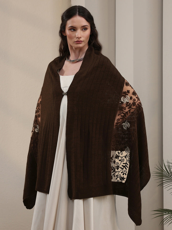 Libas Brown Floral Lace Embroidered Acrylic Wrap Shawl