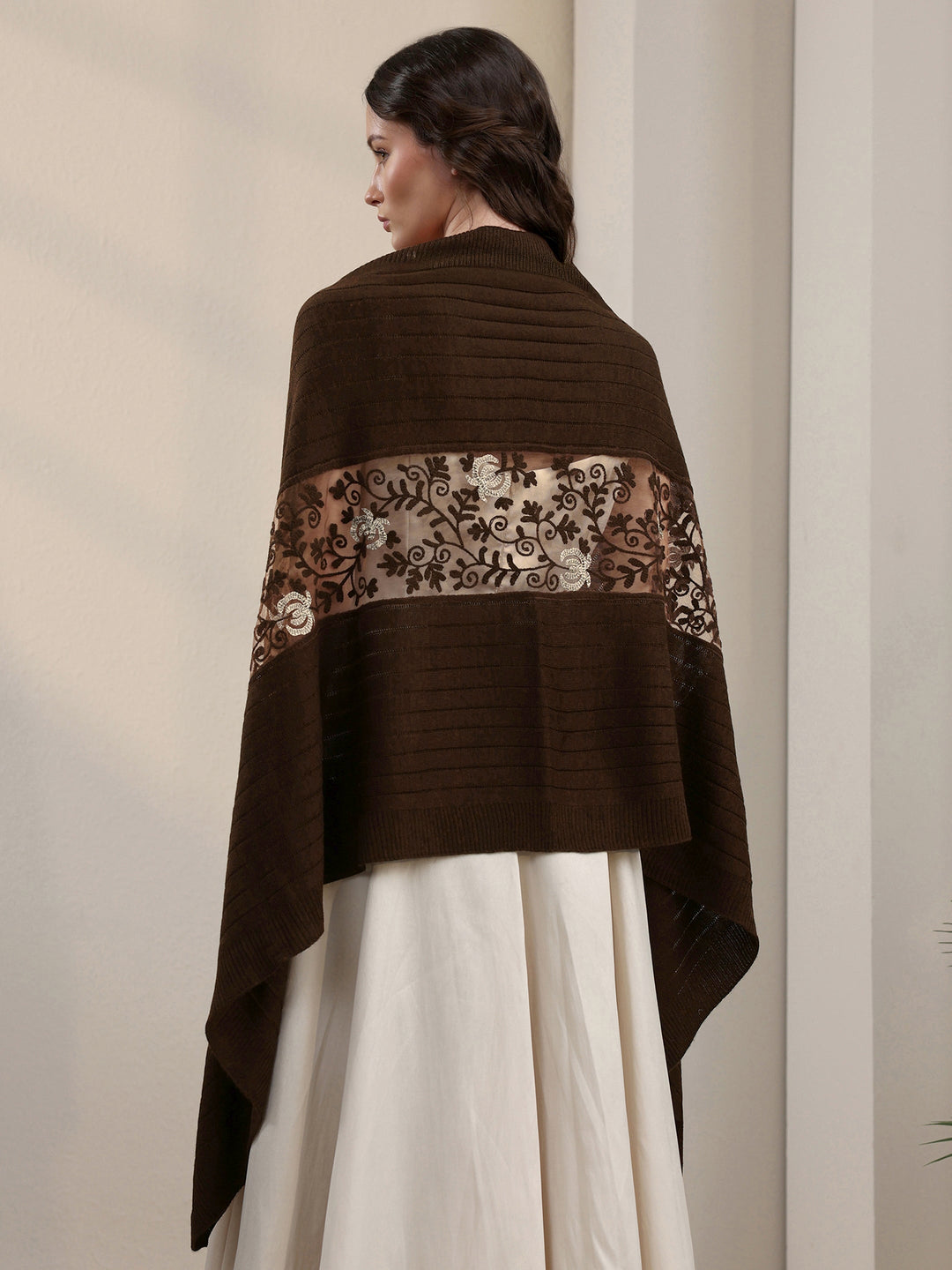 Libas Brown Floral Lace Embroidered Acrylic Wrap Shawl