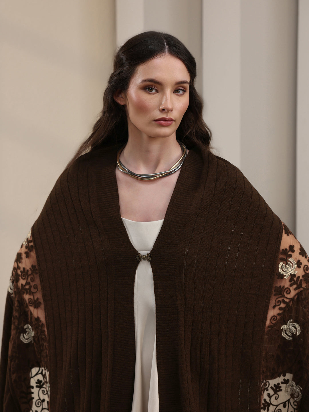Libas Brown Floral Lace Embroidered Acrylic Wrap Shawl