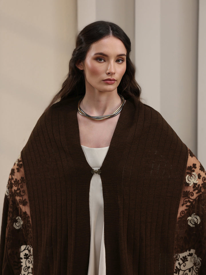Libas Brown Floral Lace Embroidered Acrylic Wrap Shawl