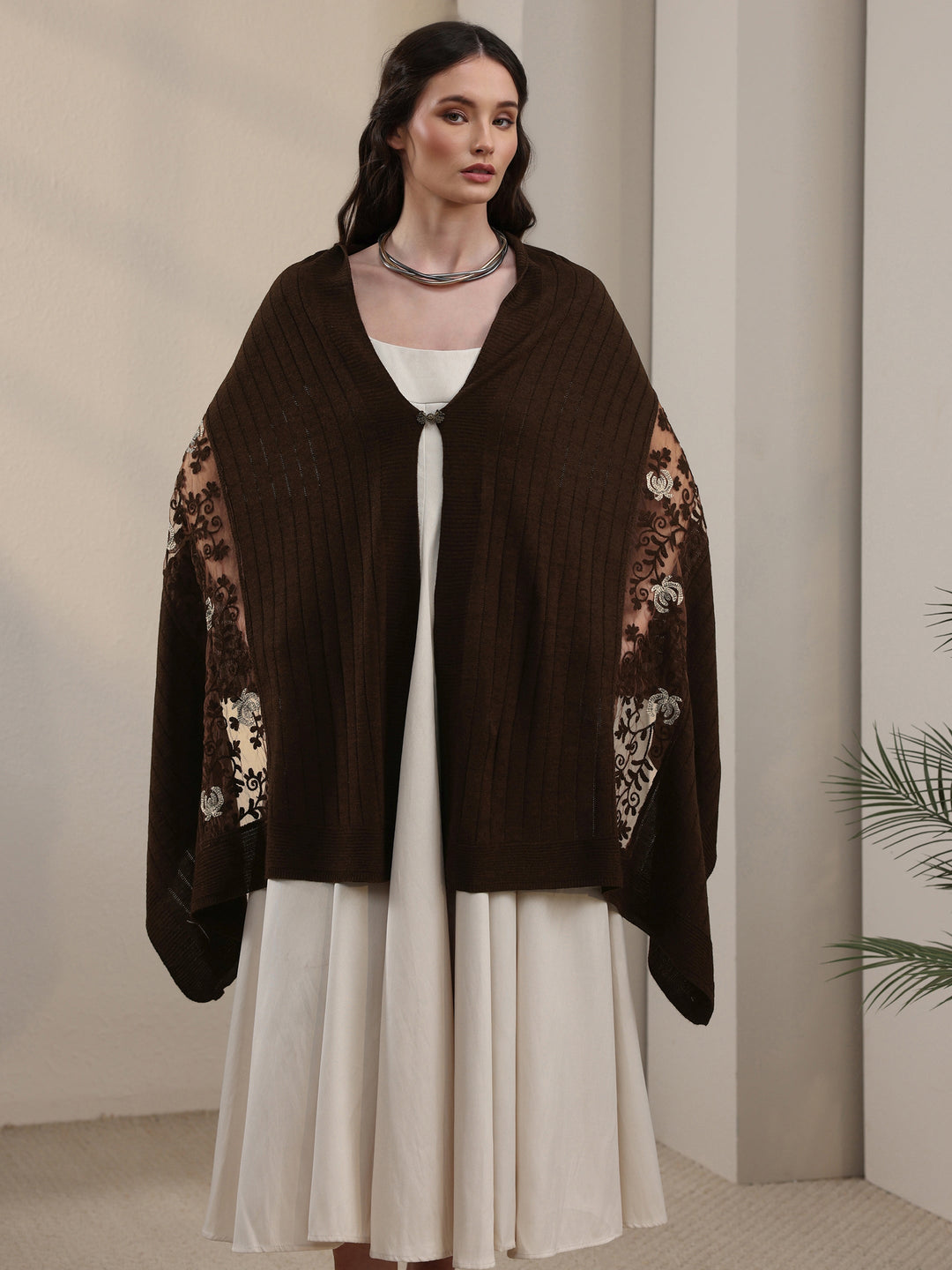 Libas Brown Floral Lace Embroidered Acrylic Wrap Shawl
