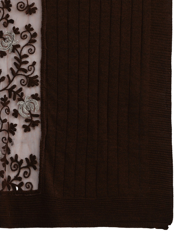 Libas Brown Floral Lace Embroidered Acrylic Wrap Shawl