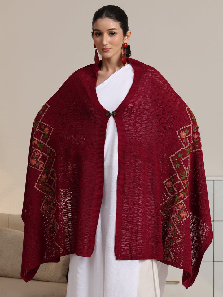 Libas Red Floral Knitted Acrylic Wrap Shawl