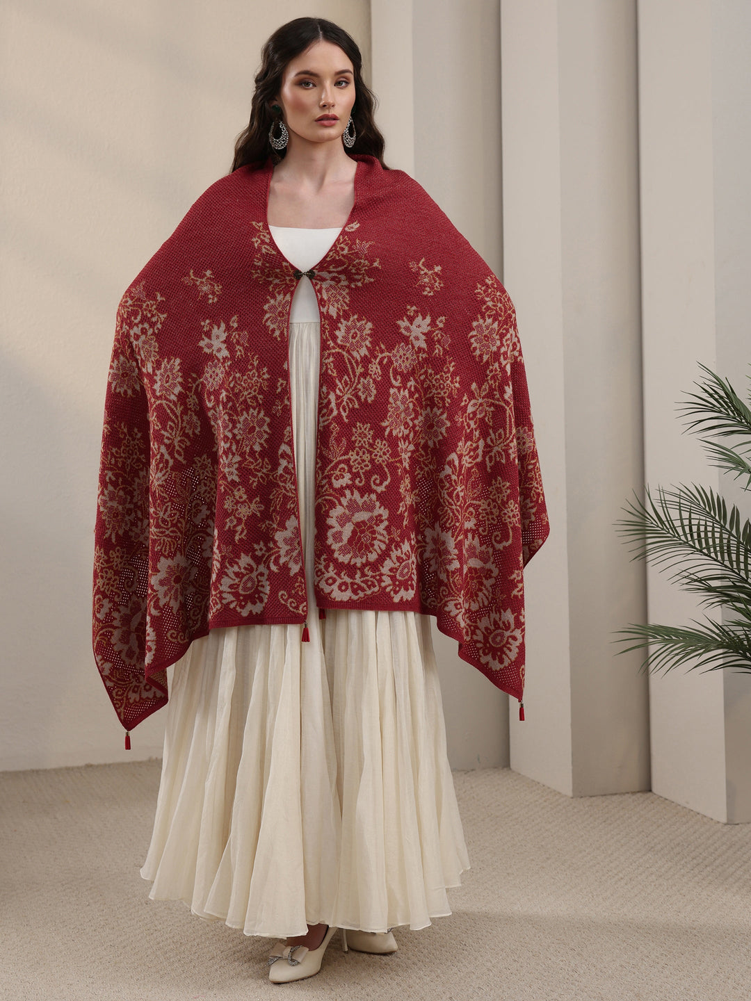 Libas Rust Floral Mesh Knitted Acrylic Wrap Shawl