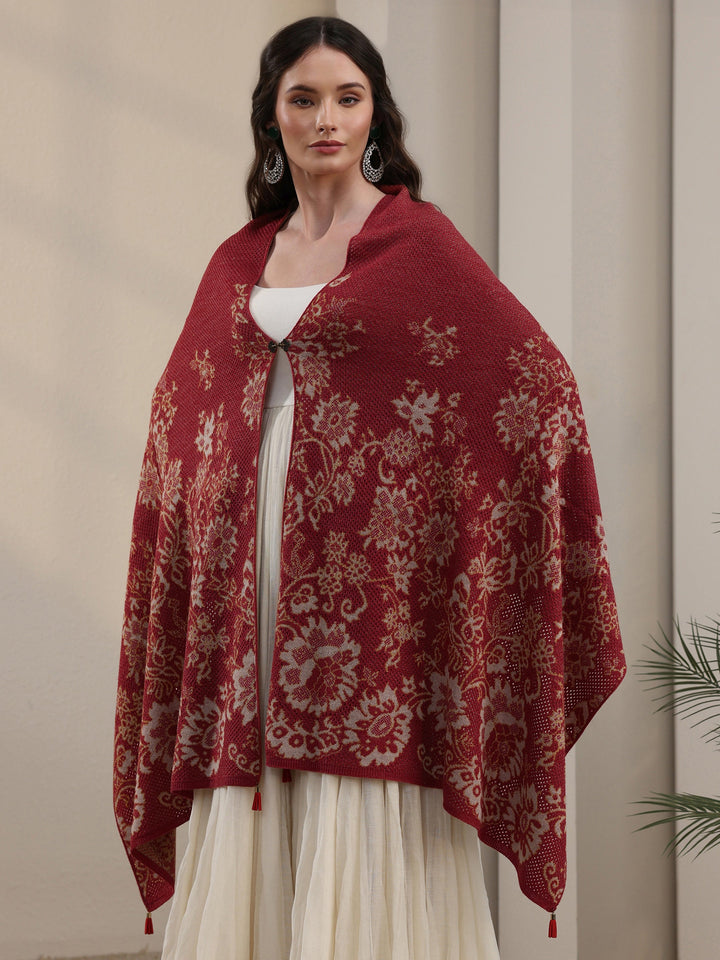 Libas Rust Floral Mesh Knitted Acrylic Wrap Shawl