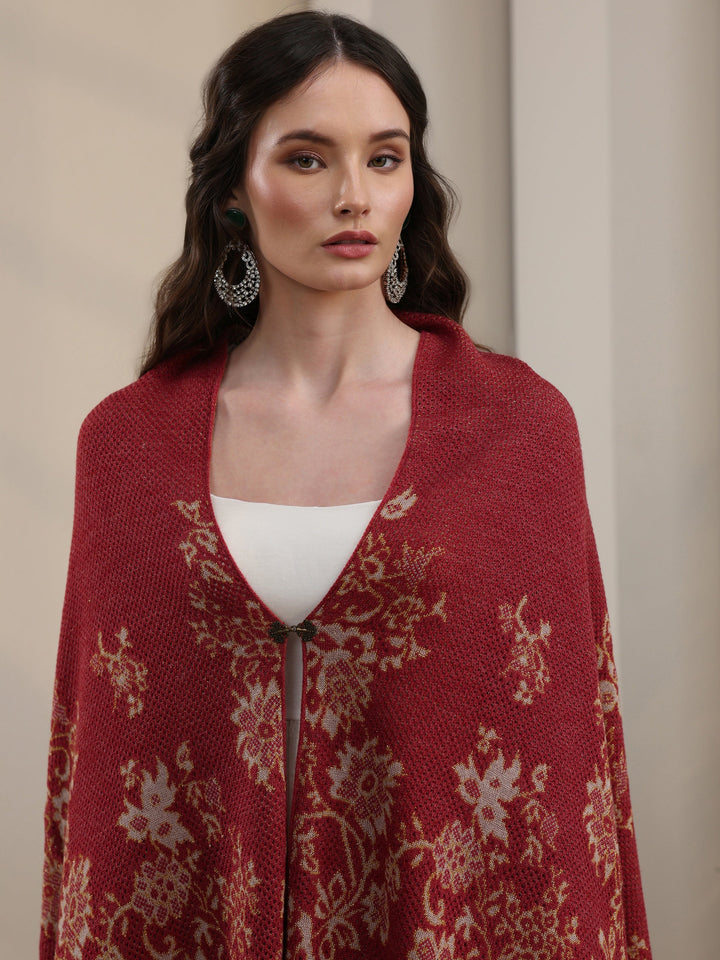 Libas Rust Floral Mesh Knitted Acrylic Wrap Shawl