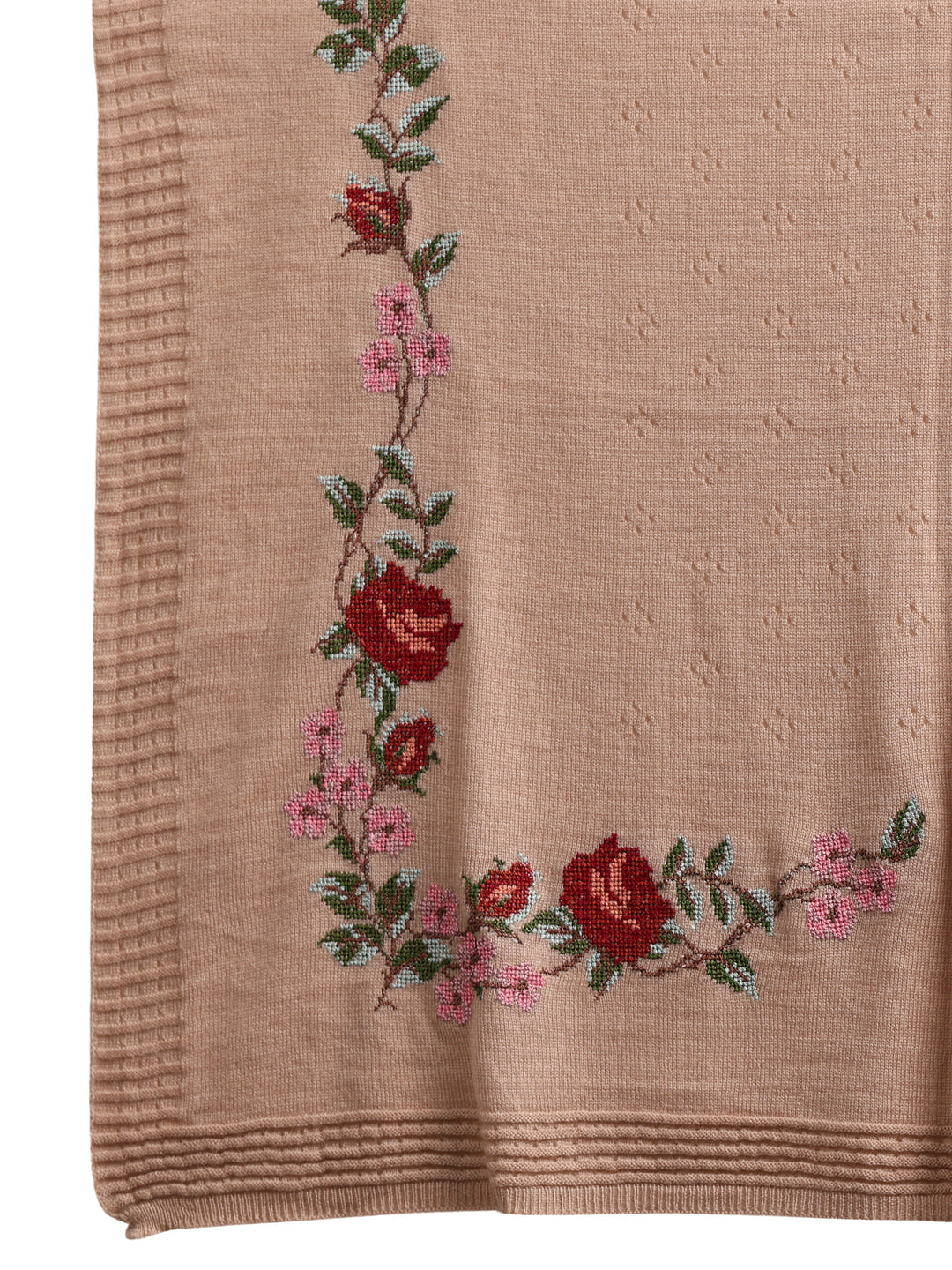 Libas Beige Floral Knitted Acrylic Wrap Shawl