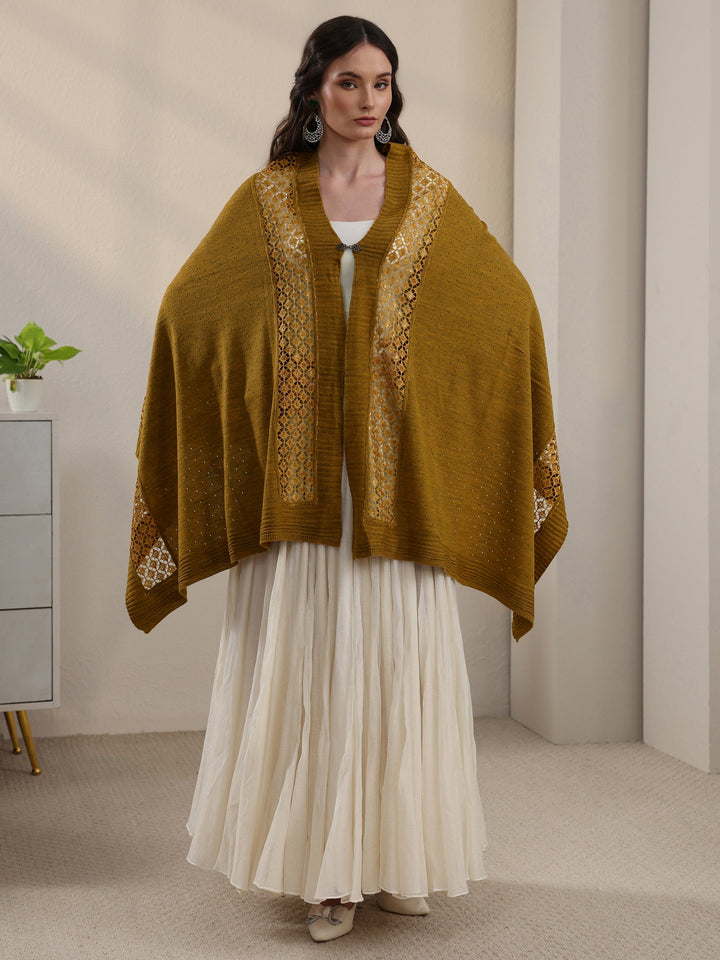 Libas Mustard Mesh Knitted Acrylic Wrap Shawl