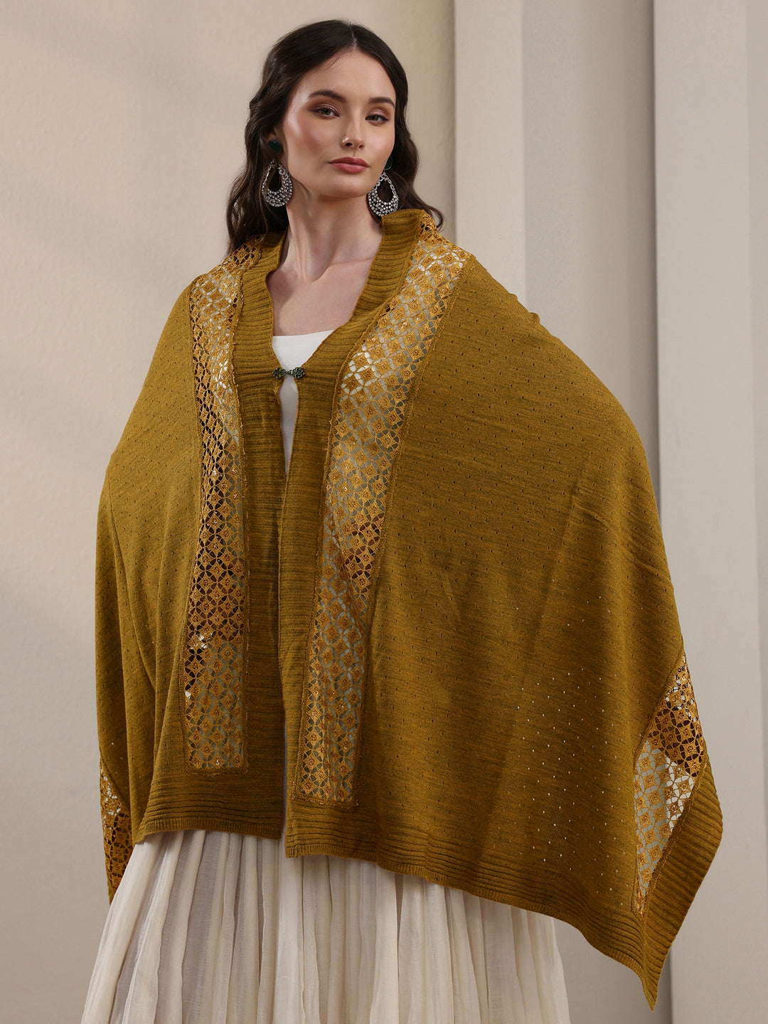 Libas Mustard Mesh Knitted Acrylic Wrap Shawl