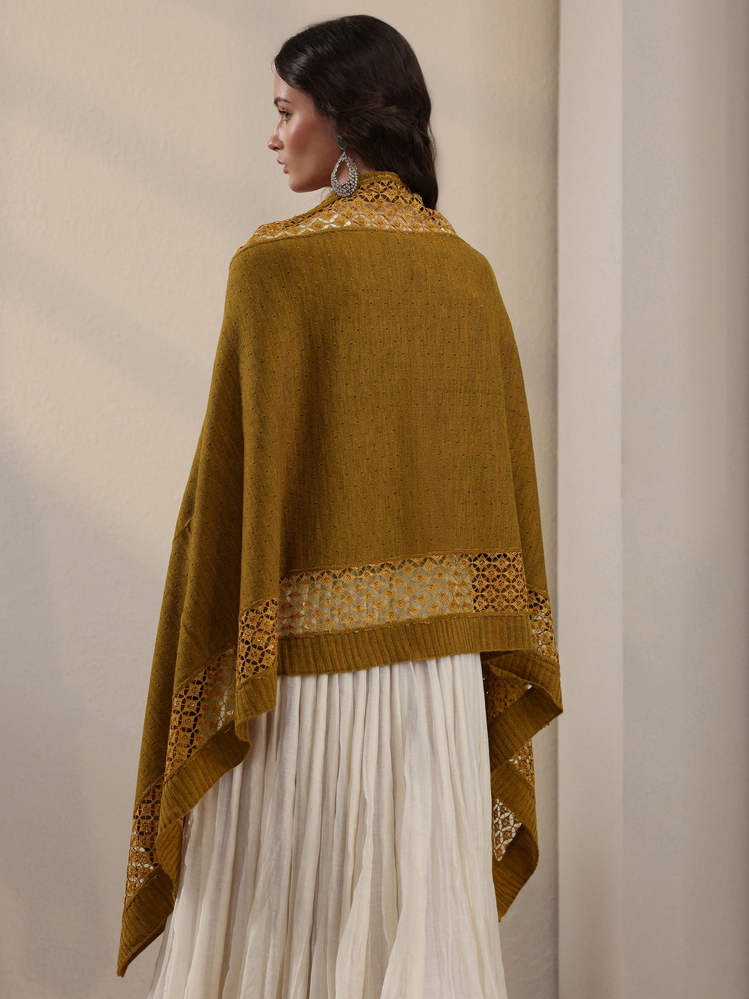 Libas Mustard Mesh Knitted Acrylic Wrap Shawl