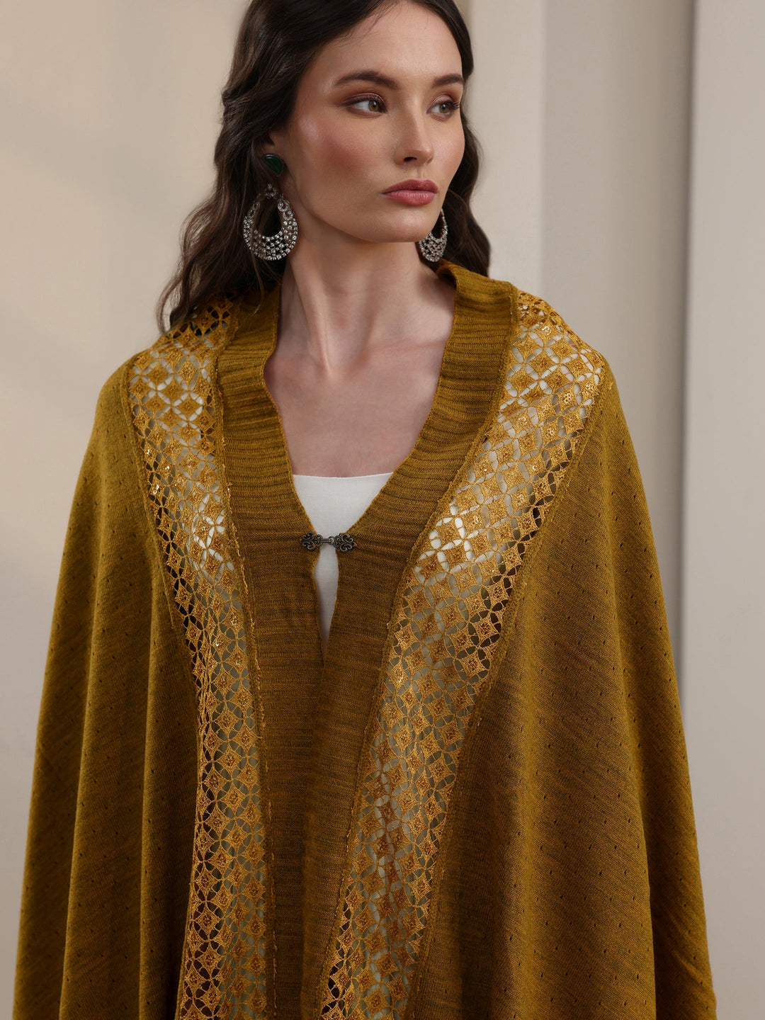 Libas Mustard Mesh Knitted Acrylic Wrap Shawl